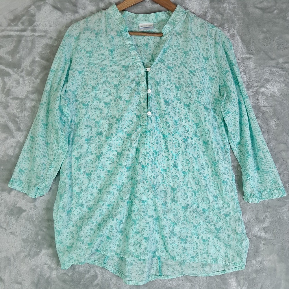 Columbia Early Tide Tunic Womens Large Green Teal Tab Sleeve Blouse Top AL1603